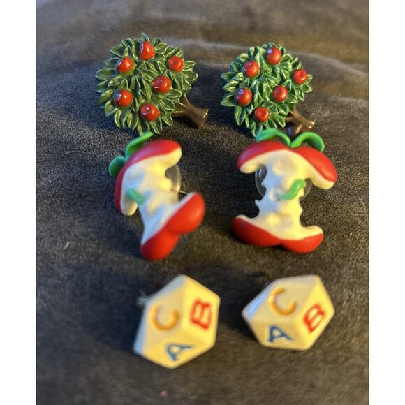 Teacher Gift Earrings Tree Apple Abc Dice Signed JHE Lot Of 3 School Pierced - Picture 1 of 3